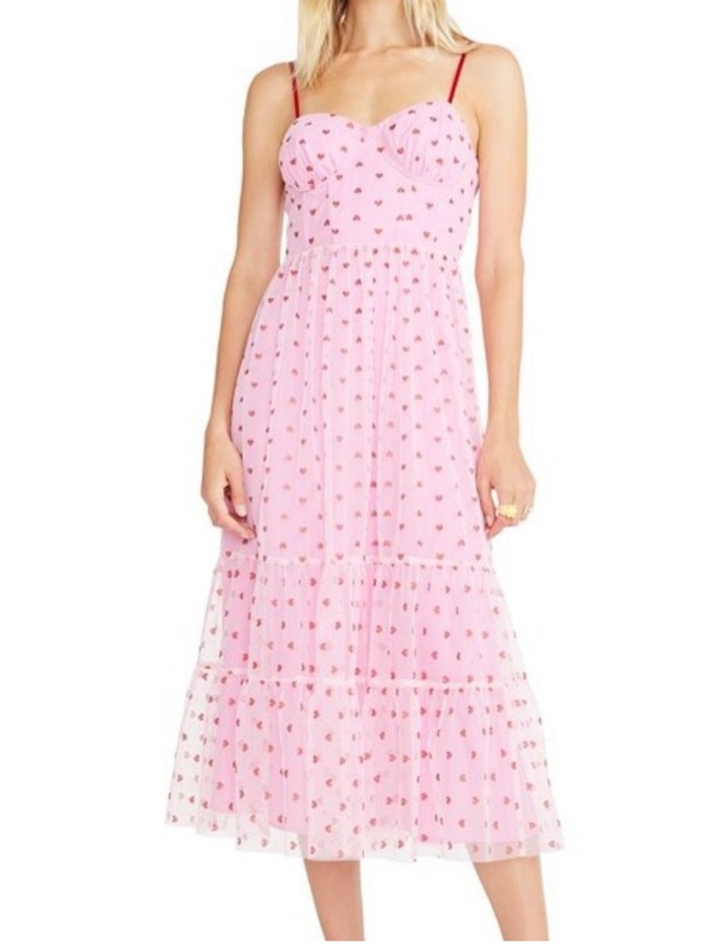 Betsey Johnson Pink Midi Dress with Red Heart Accents
